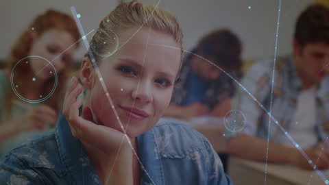 Smiling Student Amidst Digital Data Overlay