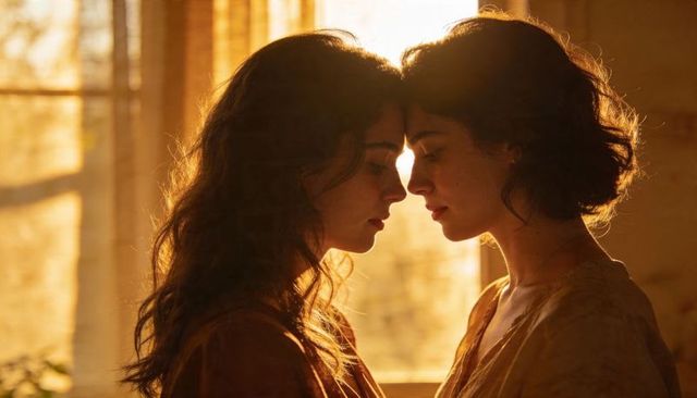 Sunlit intimate portrait two women touching foreheads in warm vintage earth-toned interior