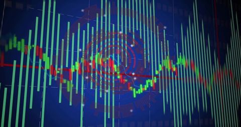 Market dashboard visualizing neon candlesticks, histogram bars and HUD rings for trading