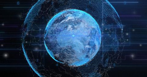 Holographic Earth Rotating in Futuristic Cyber HUD with Data Network Visualization