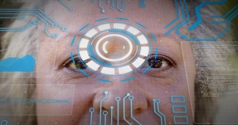 Senior woman undergoing biometric face scan with futuristic hud overlay, circuit traces