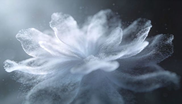 Ethereal white particle bloom forming translucent flower petals under cool studio light
