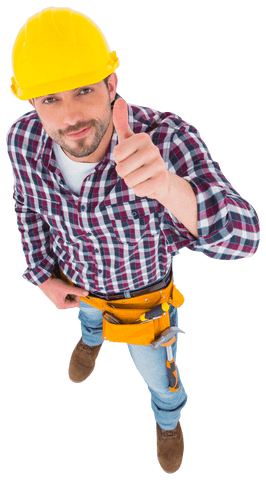 Cheerful handyman giving thumbs up wearing hard hat transparent background - Download Free Stock Videos Pikwizard.com