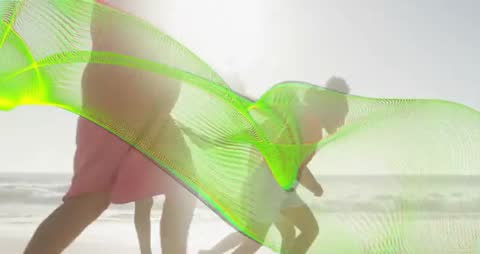 Multigenerational Family Enjoying Beach with Digital Wave Overlay