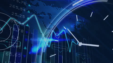 Digital Clock Faces Overlay with Financial Data Graphs