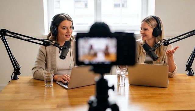 Two Women Recording Conversational Home Podcast with Professional Microphones and Laptops