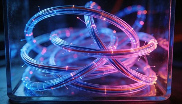 Luminescent fiber-optic sculpture emitting neon blue and pink rings inside glass display