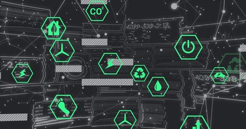 Sustainable Energy Icons on Digital Interface Network
