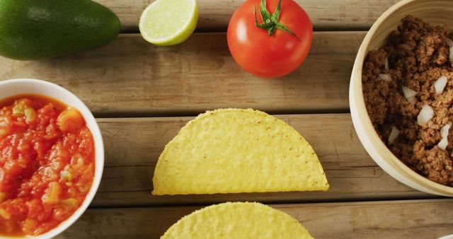 Image of tacos, salad, meat lemon and other ingredients lying on wooden background. cuisine, cooking, food preparing, taste and flavour concept.