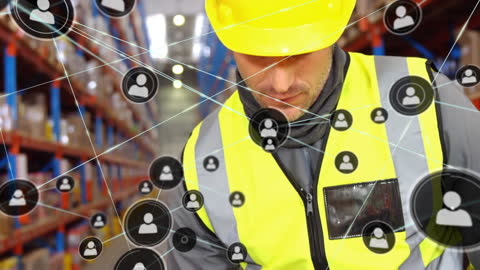 Warehouse Worker Using Scanner with Digital Network Overlay