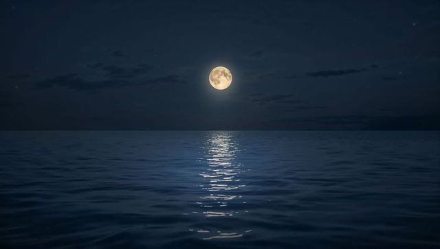 Full moon over calm ocean casting long moonlight reflection on dark blue seascape