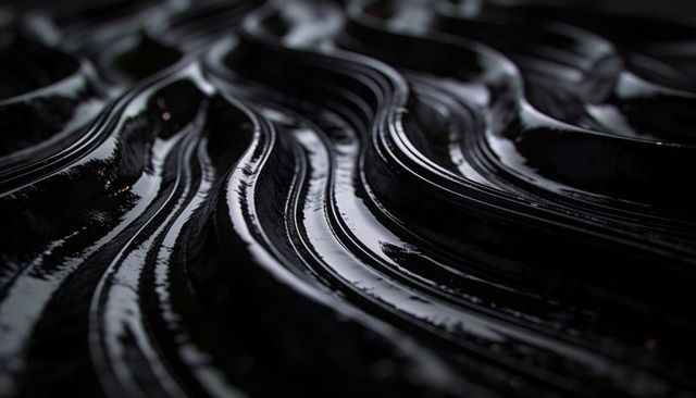 Glossy black ripple texture abstract with silvery reflections and fine dust specks macro