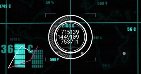 Futuristic HUD analytics displaying central circular interface with stacked data readouts