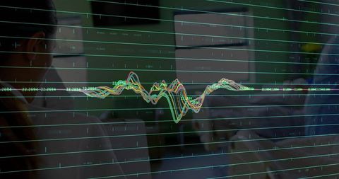 Multicolor Line Chart Overlay on Glass Panel Tracking Business Trends in Office