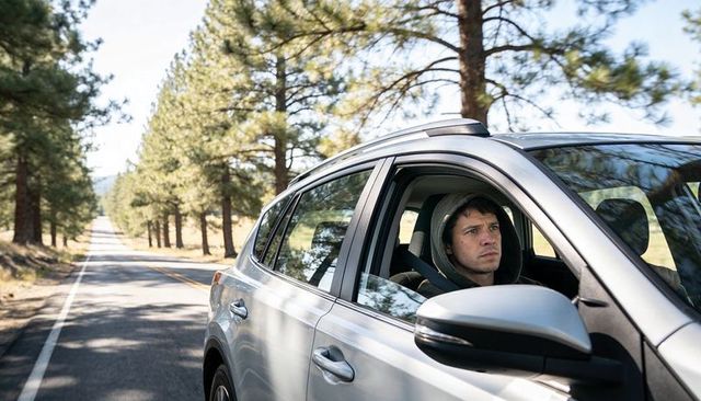 Solitary driver looking out of silver suv on sunlit pine road contemplative travel concept
