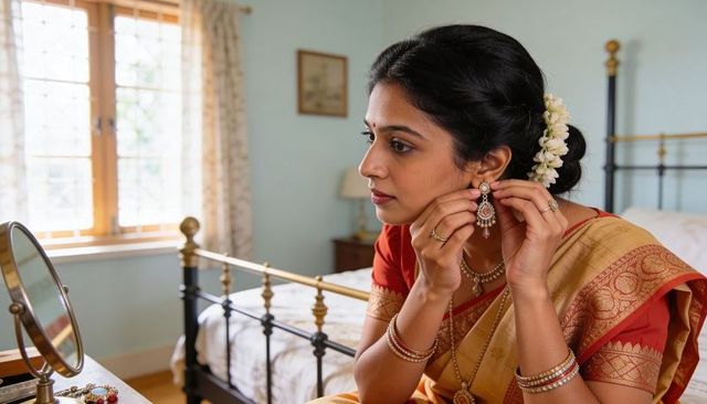 Indian woman adjusting traditional gold jhumka earrings in red saree with jasmine bun