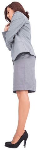 Woman in gray suit deep in thought on transparent background