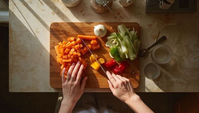 Hands chopping carrots and bell peppers on wooden cutting board sunlit kitchen counter