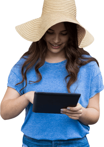Transparent image of woman using tablet with joyful expression
