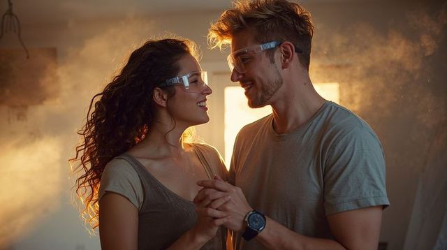 Couple holding hands and smiling while renovating, wearing safety goggles in sunlit dusty room