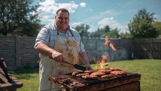 Smiling man grilling juicy burgers on backyard charcoal grill wearing greasy apron