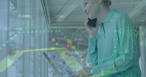 Businesswoman Analyzing Data with Technological Graphics Overlay