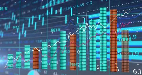 Digital trading dashboard showing rising bar chart and trend lines for investment analysis