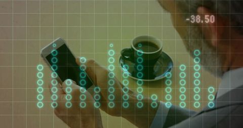 Businessman analyzing data on smartphone with digital overlay in office