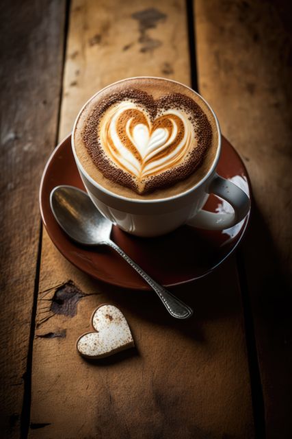 Cup of coffee latte with heart pattern and spoon on table, created using generative ai technology. Coffee, caffeine and drink concept digitally generated image.