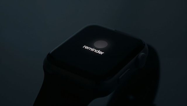 Smartwatch display showing reminder notification on dark minimal oled screen