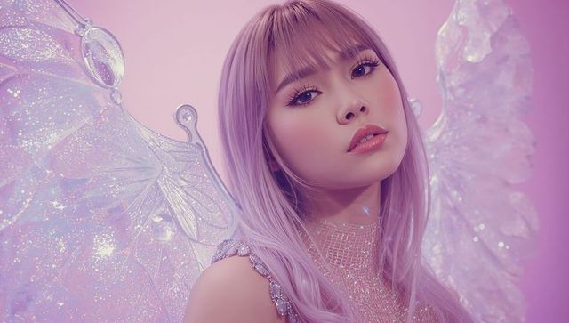 Lavender-Haired Model with Fairy Wings in Dreamy Studio Shoot