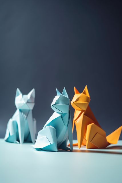 Close up of origami figures of cats on blue background, created using generative ai technology. Origami, art and japanese tradition concept digitally generated image.