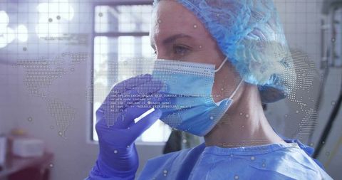 Healthcare Worker Adjusting Surgical Mask with Digital Interface Graphics