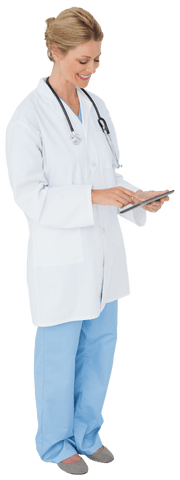 Transparent Caucasian Female Doctor with Tablet in Medical Attire - Download Free Stock Videos Pikwizard.com
