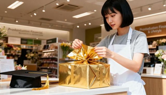 Young retail assistant wrapping luxury gold graduation gift at boutique counter with cap