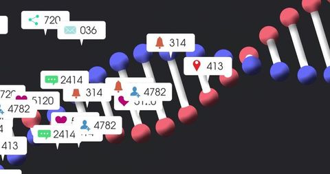 Social dna double helix twisting with notification callouts and icons, neon glossy network