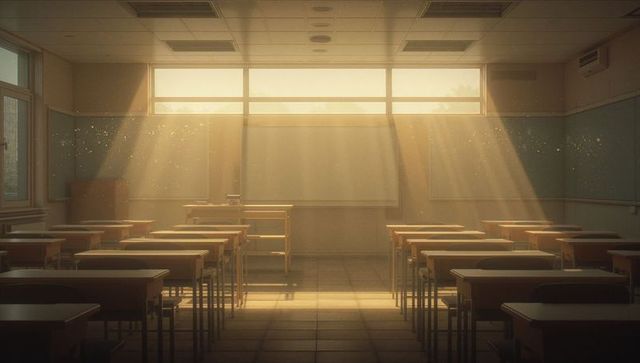 Sunlit Empty Classroom with Wooden Desks