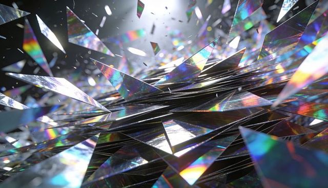 Shimmering iridescent shards forming layered prism cluster with rainbow reflections