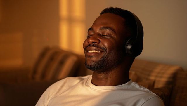 Relaxing at home: smiling man listening to music with wireless over-ear headphones