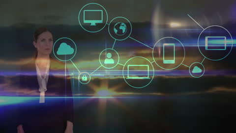 Businesswoman in Digital Network Overlay with Landscape Background