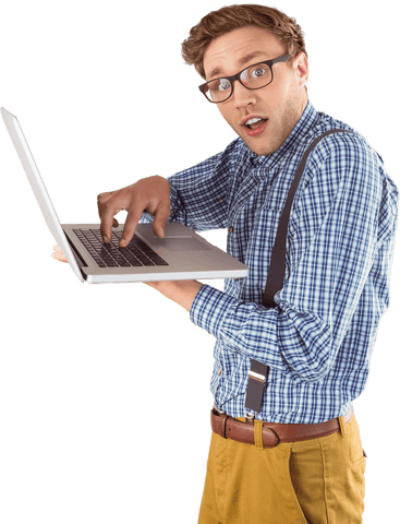 Surprised Man in Suspender Holding Laptop on Transparent Background - Download Free Stock Videos Pikwizard.com