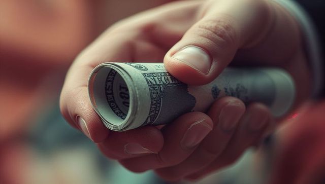 Hand holding rolled us dollar bill in close-up