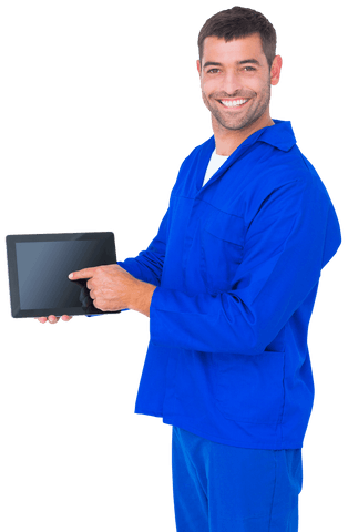 Man in blue uniform smiling and pointing at tablet on transparent background. Use for technology, promotional content, and occupational presentations.