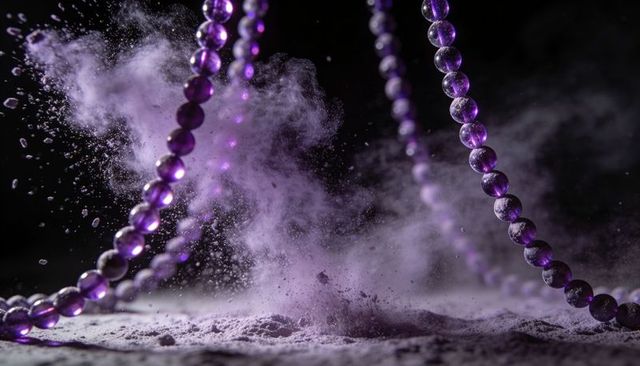 Suspended purple beads with exploding powder plume, macro glass spheres in dramatic light