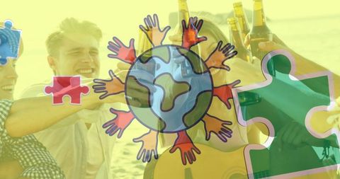 Colorful Puzzle Globe Overlays Friends Celebrating Beach Party
