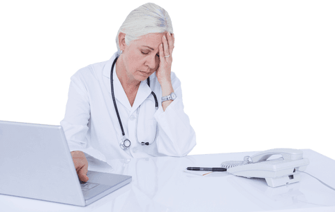 this transparent image of a tired female doctor sitting at a desk with a laptop expresses frustration and work fatigue. the inclusion of a phone and stethoscope communicates a healthcare setting. it is ideal for illustrating medical stress, burnout, and healthcare workload concepts. useful for blogs on physician well-being, medical articles, healthcare presentations, and work-life balance themes.