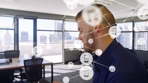 Caucasian Businessman Exploring VR in Connected Office Space