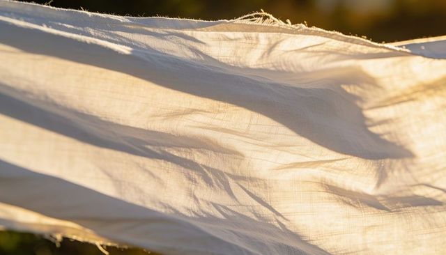 Sunlit billowing white sheet showing woven texture frayed edge and translucent glow