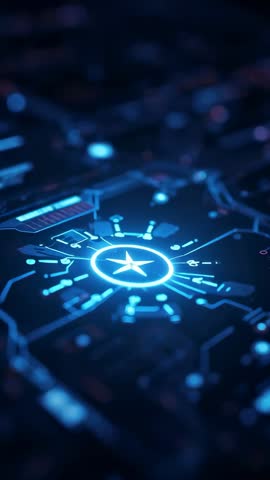 Vertical video revealing pulsing neon hub on futuristic circuit interface for tech promos