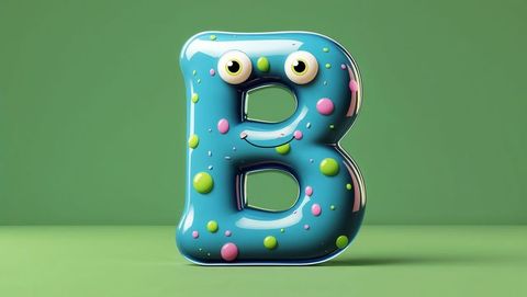 Playful 3d glossy letter b on green background with eyes